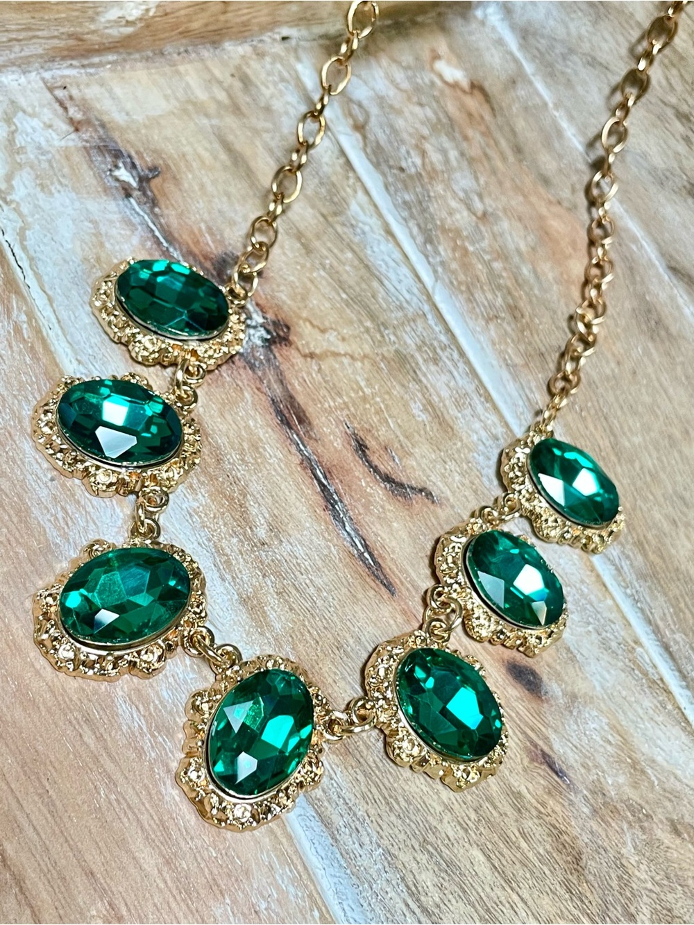 Gold-Tone Necklace with Emerald Green Oval Crystal Glass Stones - Women Jewelry